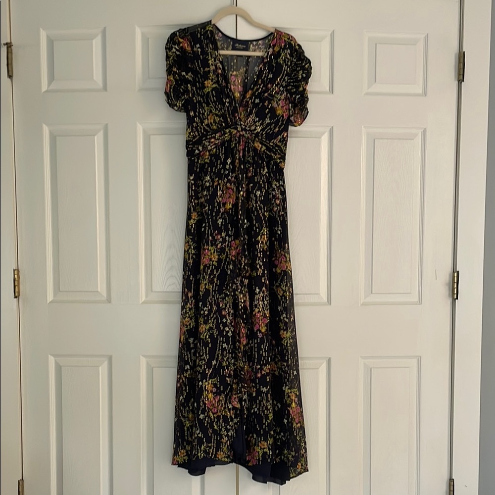 Shoshanna Navy Floral Print Puff Sleeve V-Neck Maxi Dress